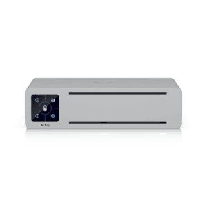 Moderne, graue Technologiebox mit Bildschirm vorne.