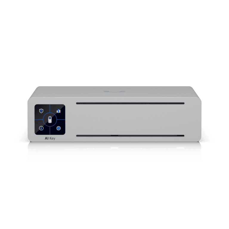 Moderne, graue Technologiebox mit Bildschirm vorne.