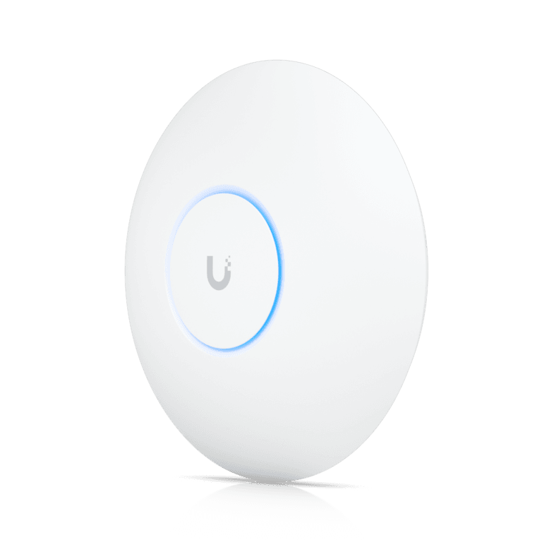 Weißer WLAN-Access-Point mit blauem Licht.