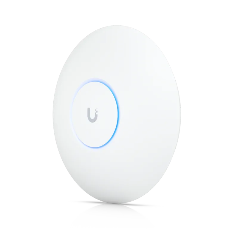 Weißer WLAN-Access-Point mit blauem Licht.