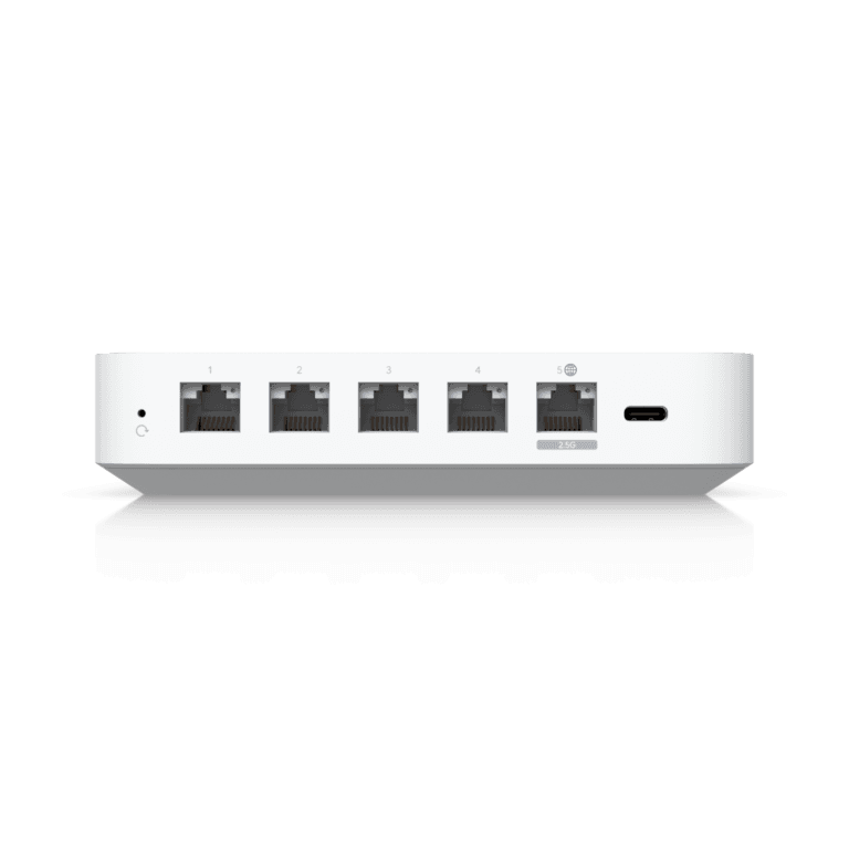 Netzwerkswitch mit fünf Ethernet-Ports, Rückansicht.